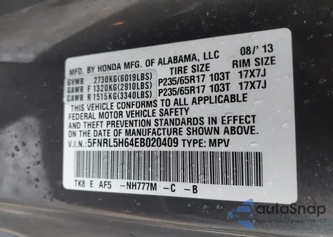 2014 Honda Odyssey Ex-L from USA, damaged, VIN 5FNRL5H64EB020409